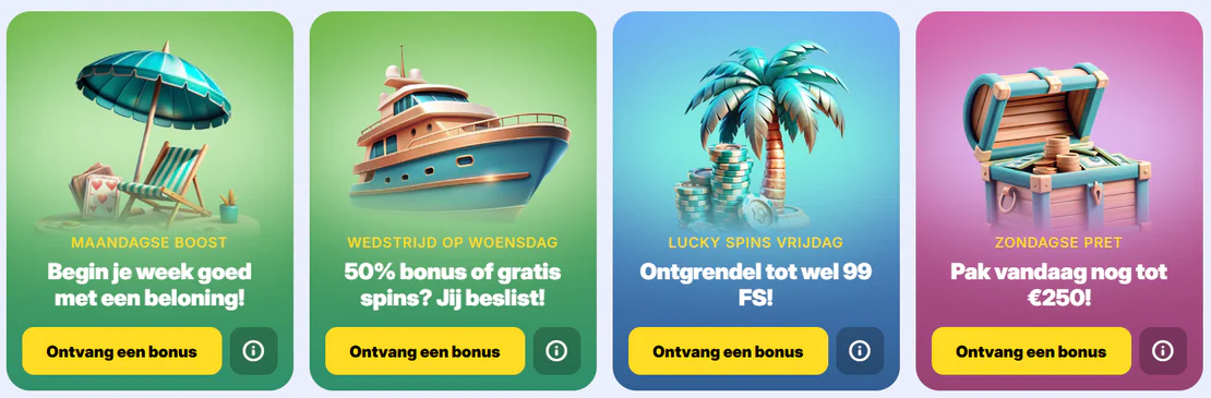 Goodman Casino promoties met maandagse boost, 50% woensdagbonus, tot 99 gratis spins op vrijdag en een zondagbonus tot €250